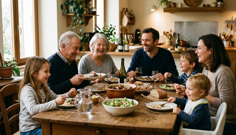 Three generations of a family sharing a relaxed meal around a timber kitchen table.