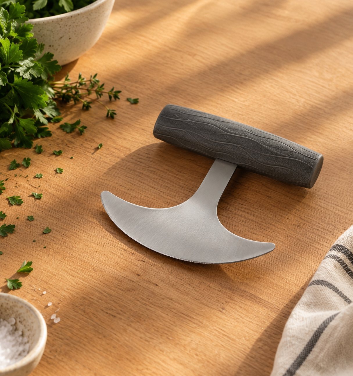 A rocker knife with a curved steel blade and a dark textured handle on a sunlit timber table beside fresh herbs.